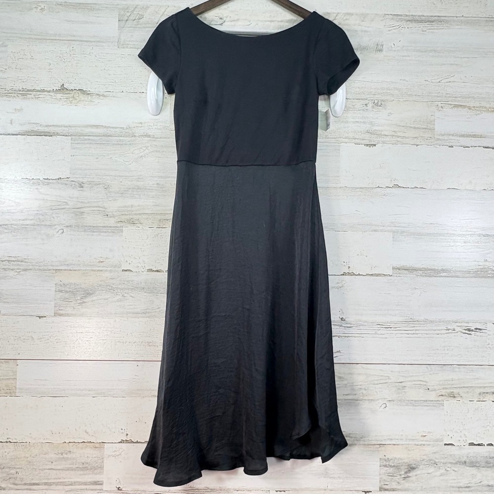 LOFT Black Asymmetric Mixed Media Short Sleeve Fit & Flare Midi Dress Size 0 NWT